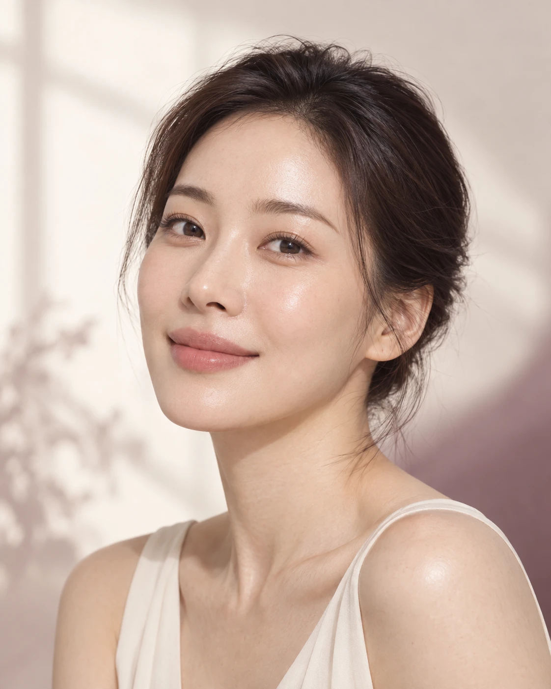 아이보리 배경에서 자연스러운 피부 광택을 표현한 AI 생성 성인 여성 모델