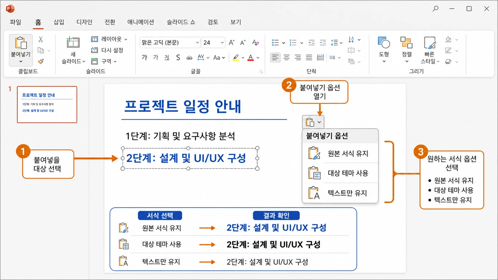 PowerPoint 편집 화면에서 붙여넣을 텍스트를 선택한 뒤 붙여넣기 옵션을 열어 원본 서식 유지·대상 테마 사용·텍스트만 유지 중 원하는 결과를 비교해 선택하는 모습.