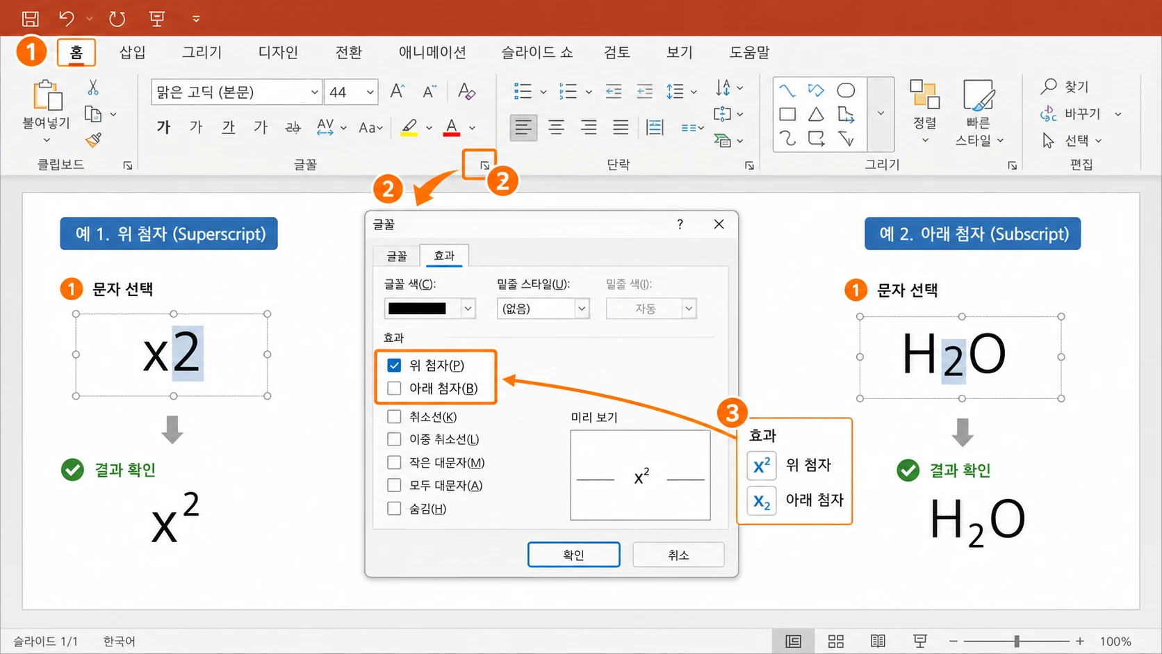 PowerPoint 홈 탭의 글꼴 대화상자에서 선택한 숫자에 위 첨자 또는 아래 첨자 효과를 적용해 x²와 H₂O로 표시한 모습.