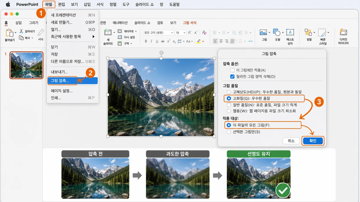 Mac용 PowerPoint 그림 압축 대화상자에서 그림 품질을 고화질로, 적용 대상을 이 파일의 모든 그림으로 설정해 선명도를 유지하는 모습.