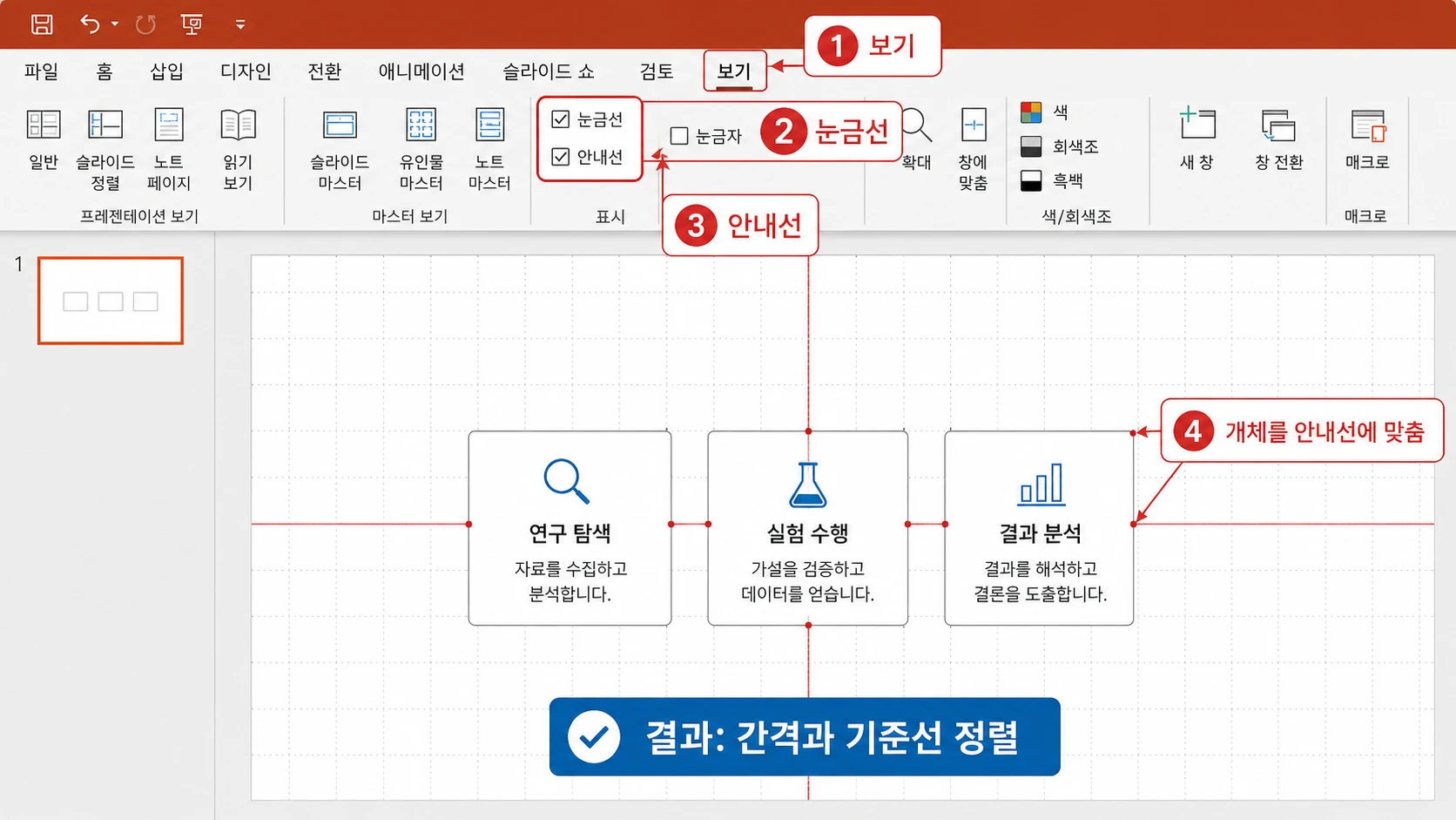 보기 탭의 표시 그룹에서 눈금선과 안내선을 켜고 세 개체를 가로·세로 안내선과 눈금 간격에 맞춰 정렬한 화면.