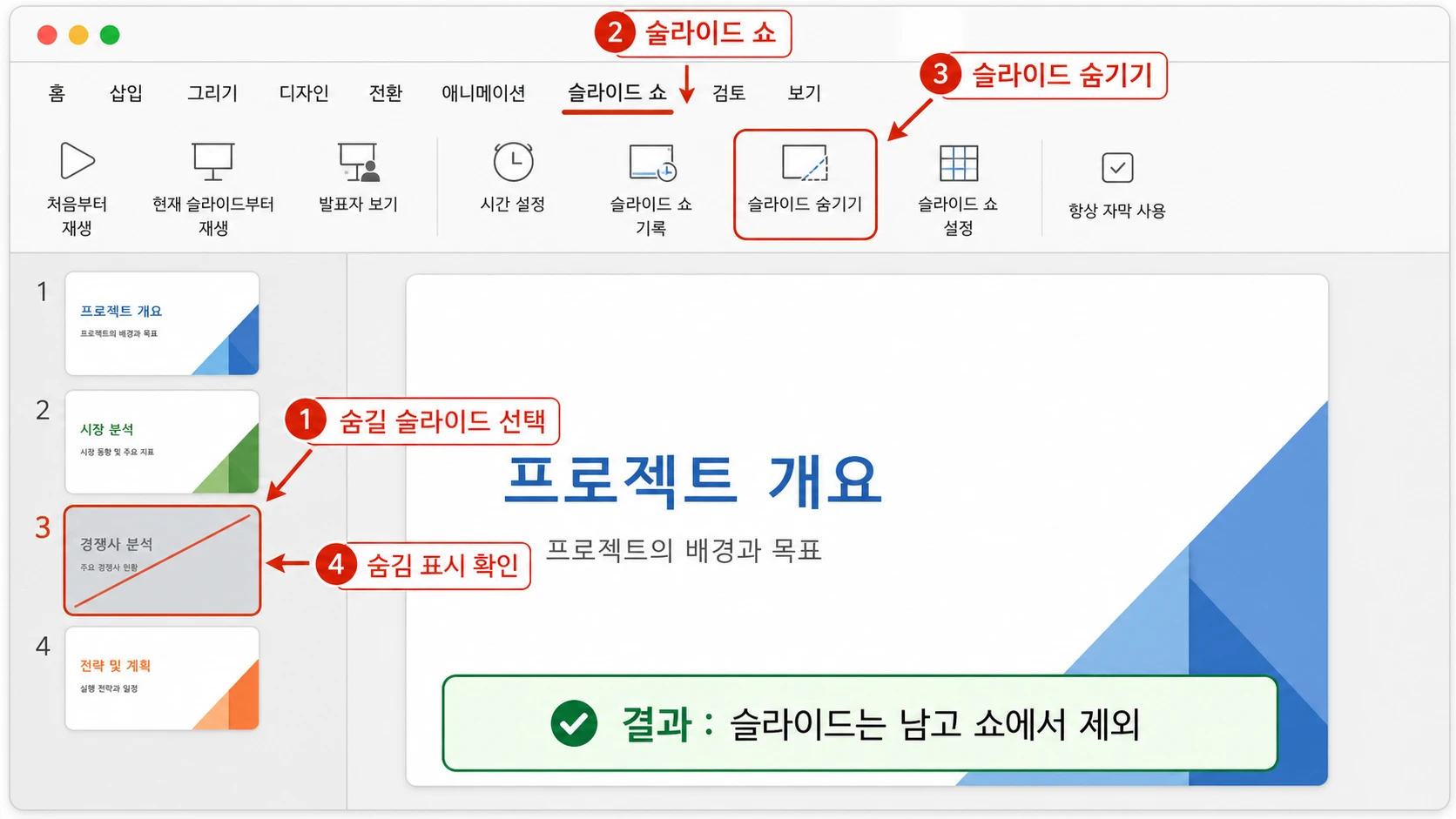 Mac PowerPoint에서 세 번째 슬라이드를 선택하고 슬라이드 쇼 탭의 슬라이드 숨기기를 적용해 썸네일 번호에 빗금이 생기고 쇼에서만 제외된 화면.