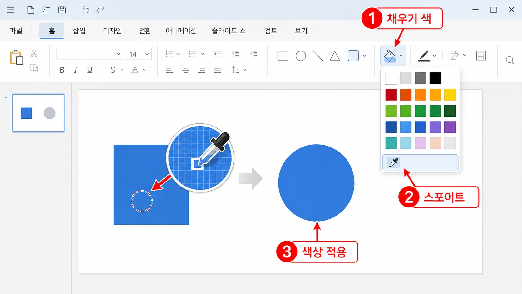 도형 채우기 색 메뉴에서 스포이트를 선택해 파란 사각형의 색을 집은 뒤 오른쪽 원에 같은 파란색이 적용되는 과정을 확대경과 1~3 콜아웃으로 보여주는 화면.