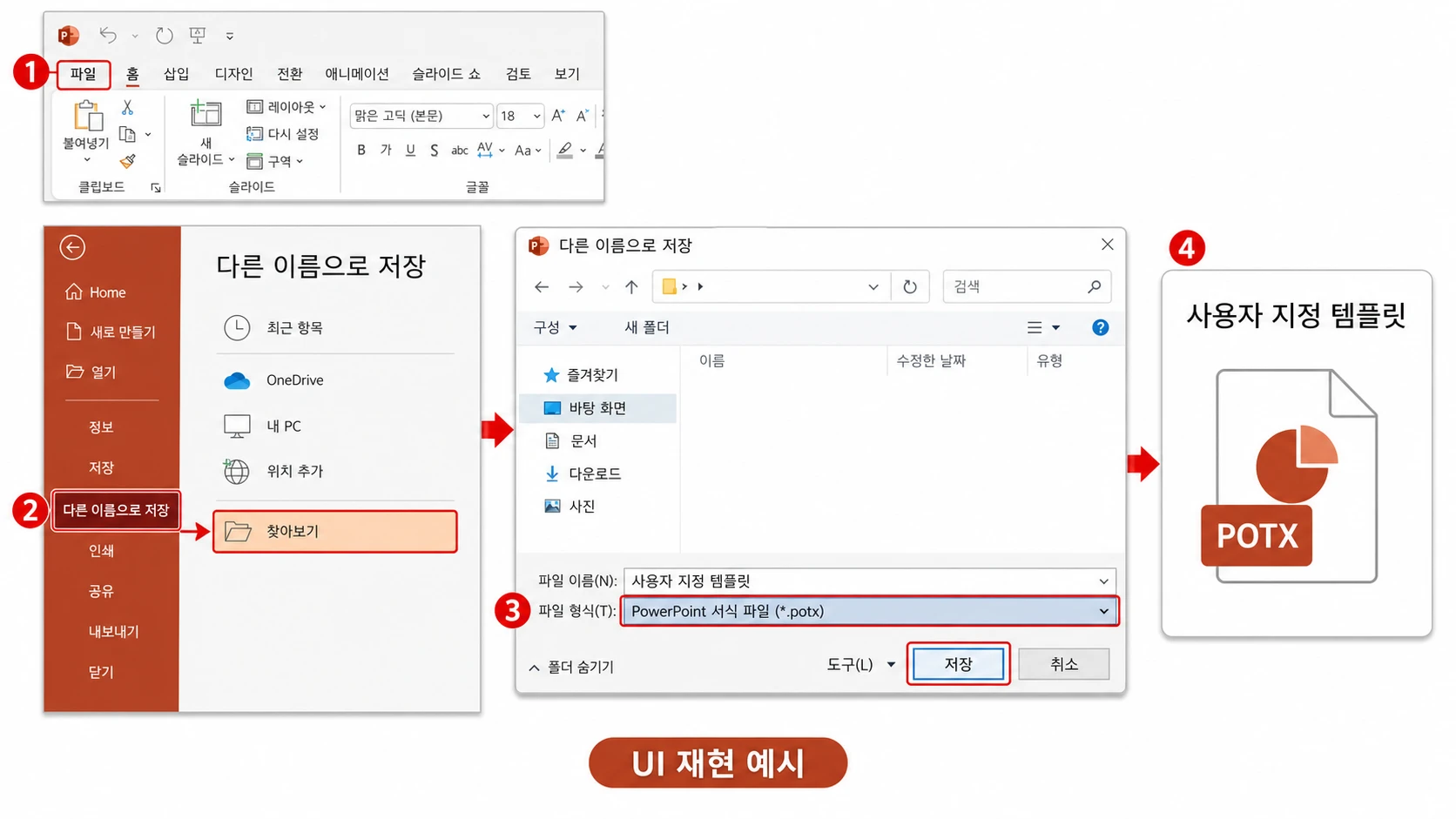 PowerPoint 상단 파일 탭에서 다른 이름으로 저장·찾아보기·PowerPoint 서식 파일 POTX·저장을 선택해 사용자 지정 템플릿을 만드는 화면.