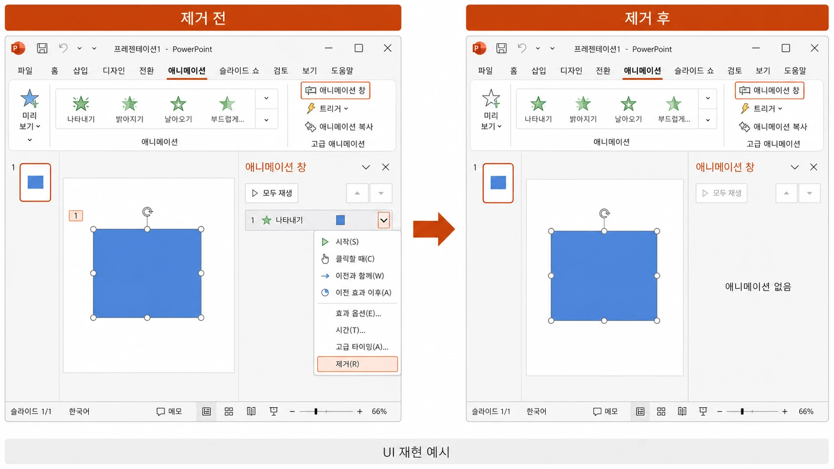 제거 전 애니메이션 창의 나타내기 효과 메뉴에서 제거를 선택한 뒤 동일 개체는 유지되고 배지와 효과만 사라진 비교 화면.