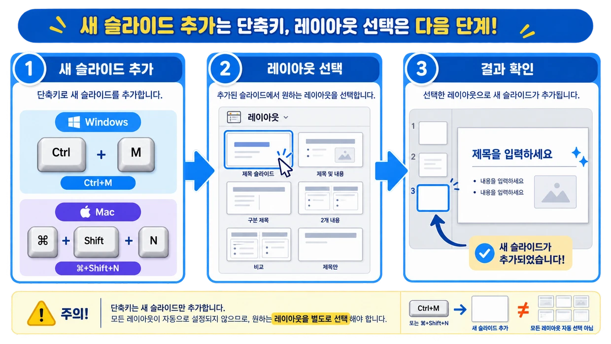 새 슬라이드를 추가하고 레이아웃을 선택하는 단축키 첫 단계 화면 예시