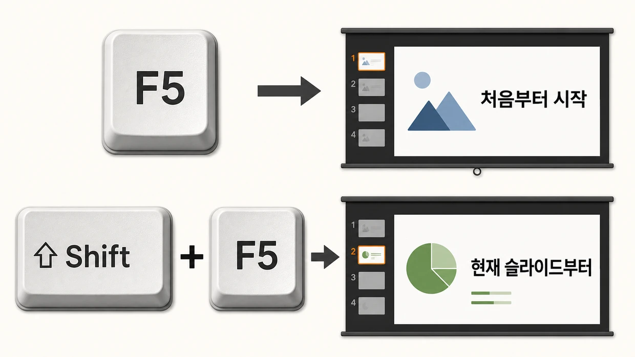 F5는 첫 슬라이드부터, Shift와 F5는 현재 슬라이드부터 발표를 시작하며 각 키 조합의 결과 화면을 화살표로 연결한 안내도.