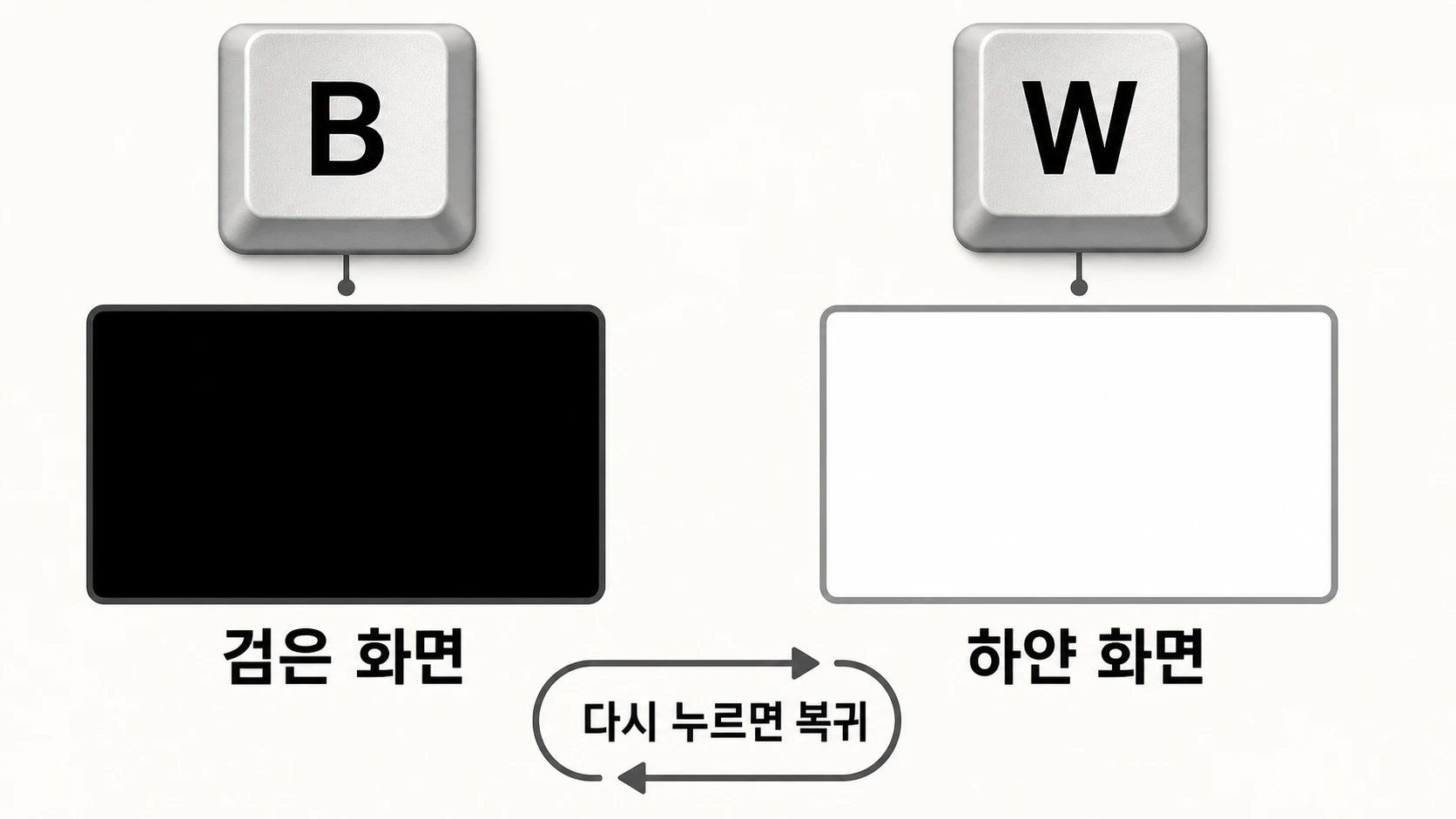 발표 중 B 키로 검은 화면, W 키로 하얀 화면을 표시하고 같은 키를 다시 눌러 슬라이드로 복귀하는 방법을 보여주는 안내도.