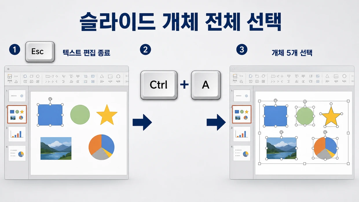 텍스트 편집을 Esc로 종료한 뒤 Ctrl+A를 눌러 현재 슬라이드의 사각형·원·별·사진·차트 5개를 모두 선택하는 키보드 지도.