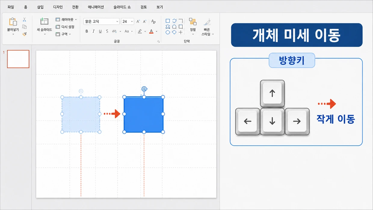 선택한 파란 사각형을 방향키로 오른쪽에 조금 이동하는 전후 위치와 4방향 키를 함께 보여 주는 화면.