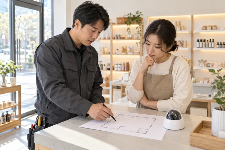 매장 CCTV 설치 위치와 배선 계획을 상담하는 AI 생성 가상 장면